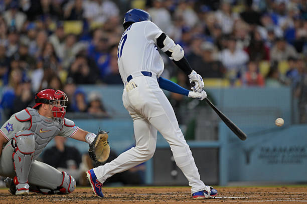 Shohei Ohtani of the Los Angeles Dodgers hits a solo home run in the third inning against the Philadelphia Phillies at Dodger Stadium on May 29, 2026...
