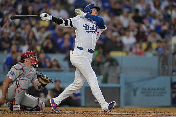 Shohei Ohtani of the Los Angeles Dodgers hits a solo home run in the third inning against the Philadelphia Phillies at Dodger Stadium on May 29, 2026...