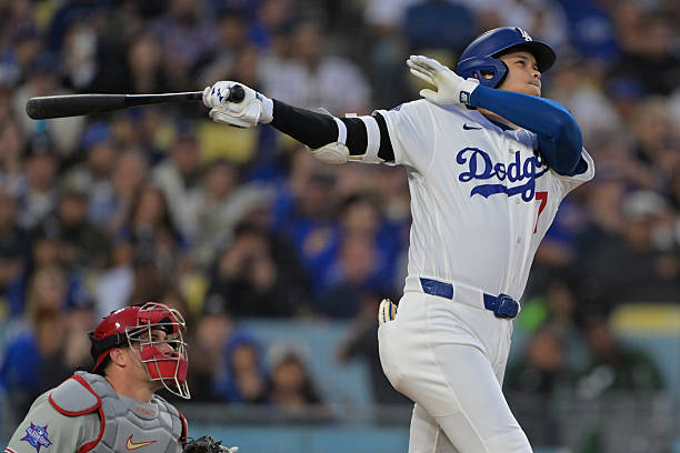 Shohei Ohtani of the Los Angeles Dodgers hits a solo home run in the third inning against the Philadelphia Phillies at Dodger Stadium on May 29, 2026...
