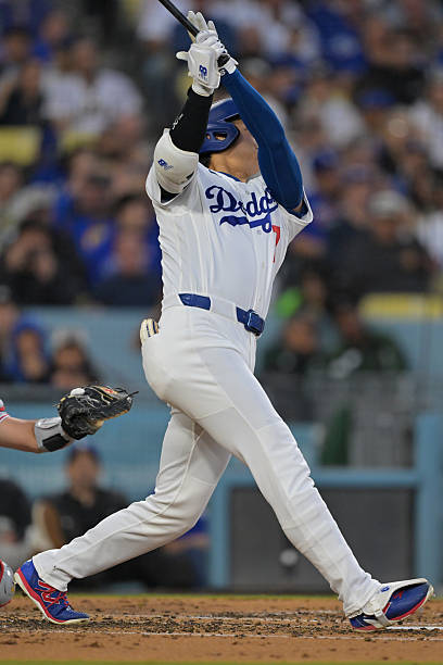 Shohei Ohtani of the Los Angeles Dodgers hits a solo home run in the third inning against the Philadelphia Phillies at Dodger Stadium on May 29, 2026...
