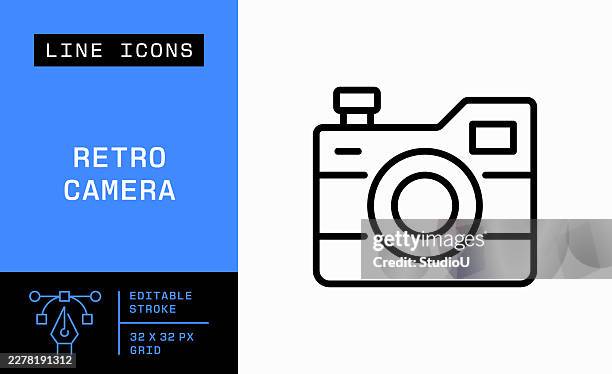 retro dslr camera editable stroke vector symbol - camera lense focus stock illustrations