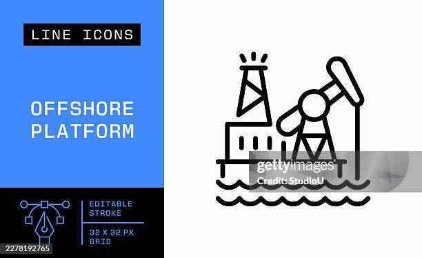 offshore platform editable stroke vector icon - offshore platform drilling rig stock illustrations