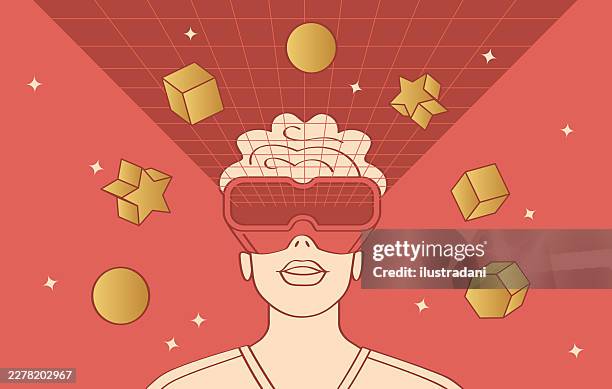 man close-up using virtual reality glasses in wireframe red room in outline style - guy playing computer game stock illustrations