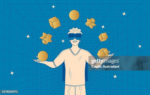 man using virtual reality glasses in wireframe blue retangular room in outline style - virtual event fun stock illustrations