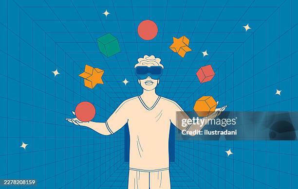 man using virtual reality glasses with flying multicolored objects in wireframe blue retangular room in outline style - man vr headset stock illustrations