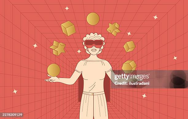 woman using virtual reality glasses in wireframe retangular red room with flying gold objects in outline style - gaming computer lights stock illustrations