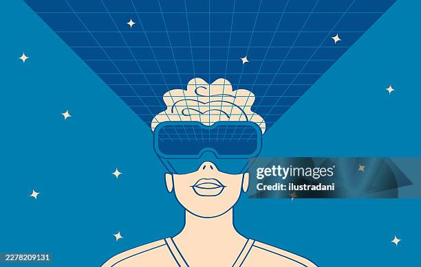 young man close-up using virtual reality glasses in wireframe blue room in outline style - man vr headset stock illustrations