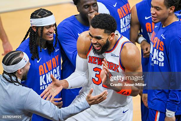 Karl-Anthony Towns of the New York Knicks celebrates during the third quarter against the Cleveland Cavaliers in Game Four of the NBA Eastern...