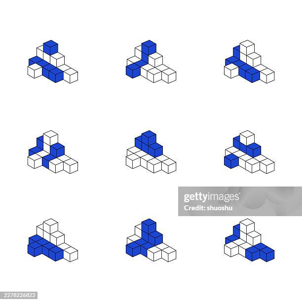blue outline 3d cube model pattern collection,geometric architecture sign - isometric cube stock illustrations