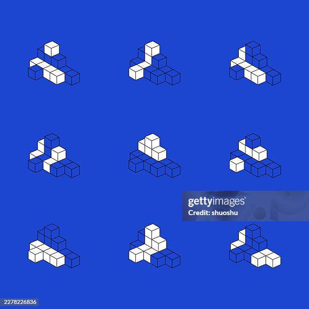 blue outline 3d cube model pattern collection,geometric architecture sign - isometric cube stock illustrations