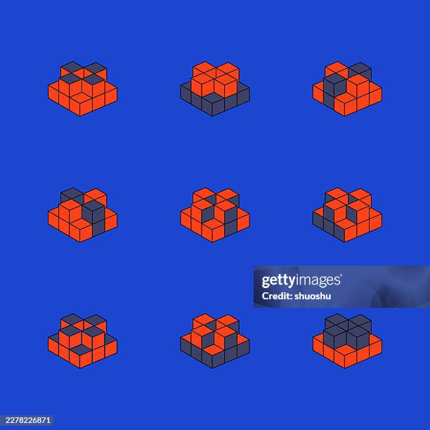 red blue outline 3d cube model pattern collection,fashion geometric sign - architect model stock illustrations