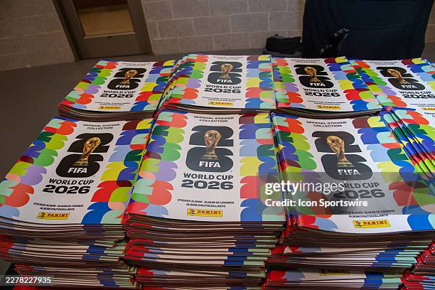 World Cup 2026 Panini sticker albums on display to be given to attendees of the 2026 FIFA World Cup Trophy Tour at Margot Connell Recreation Center...