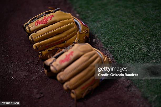 Detailed view of Rawlings gloves before the game between the San Diego Padres and the Philadelphia Phillies at Petco Park on May 25, 2026 in San...