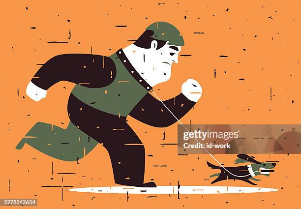 tired man walking dog - puppy training stock illustrations