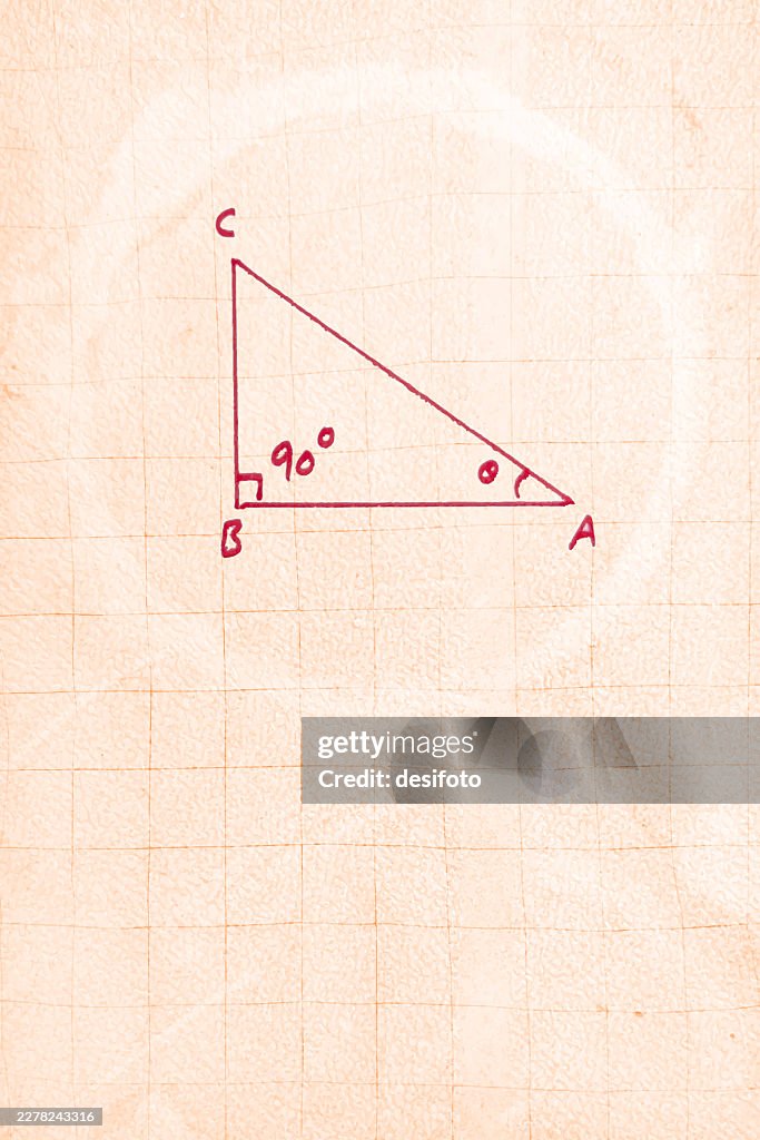 Handwritten mathematical trigonometry diagram with right angled triangle ABC with marked acute angle theta old rough rustic grainy full frame all over checked pattern graph sheet retro vintage lined paper page textured beige light brown vector background