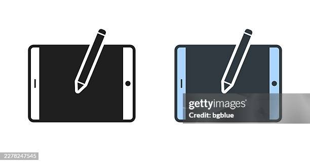 tablet pc with pen - horizontal position. icons for design - editable icon - notepad and pen stock illustrations