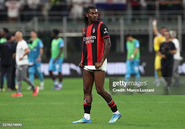 Rafael Leao of AC Milan Luka Modric after the Serie A match between AC Milan and Cagliari Calcio at Giuseppe Meazza Stadium on May 24, 2026 in Milan,...