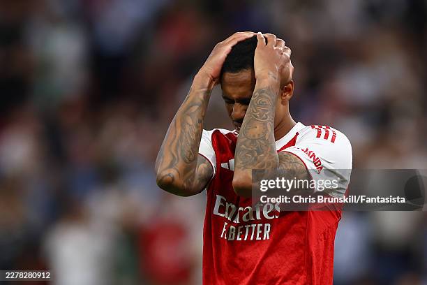 Gabriel of Arsenal reacts to a miss in a penalty shootout during the UEFA Champions League Final 2026 match between Paris Saint-Germain and Arsenal...