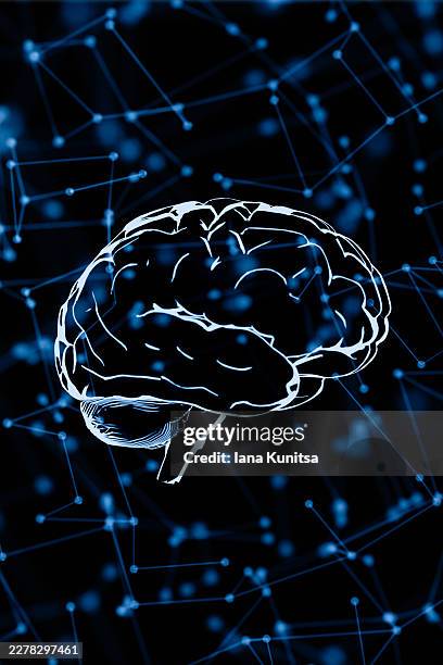 abstract digital 3d glowing human brain surrounded by blue neural network connections on black background. concept of artificial intelligence, neurotechnology, machine learning, data processing, neuroscience and cognitive computing. - plasticité neuronale photos et images de collection