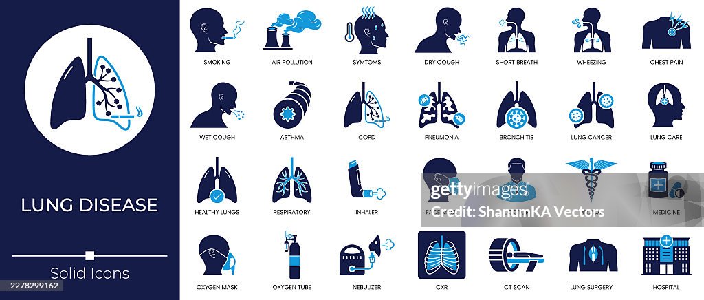 Blue Glyph Icon Set for Respiratory System and Lung Disease - Pneumonia, Asthma Inhaler, Bronchitis, Covid-19, Human Internal Organ Anatomy, Healthcare Medicine, and Lung Cancer Symbol