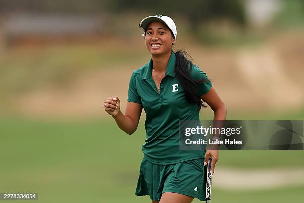 Jasmine Leovao of the Eastern Michigan Eagles celebrates on the 5th green at Omni La Costa Resort & Spa on May 26, 2026 in Carlsbad, California.