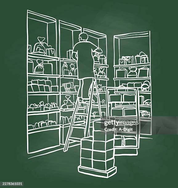 retail boutique stocking shelves chalkboard - shopping flat lay stock illustrations
