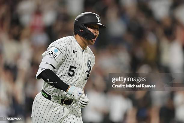 Munetaka Murakami of the Chicago White Sox celebrates a two-run home run off Joe Ryan of the Minnesota Twins during the eighth inning at Rate Field...