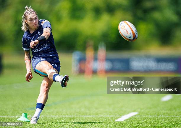 Bristol Bears' Keira Bevan kicks at goal during the Premiership Women's Rugby match between Bristol Bears Women and Exeter Chiefs women at...