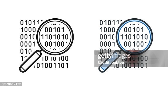 Magnifying glass with binary code. Icons for design - Editable stroke icon Magnifying glass with binary code. Icons for design - Editable stroke icon