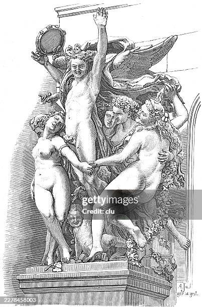 dance sculpture group at the paris opera — nude figures whirl around a winged genius in a lively allegory of movement, music and joy - paris opera stock illustrations