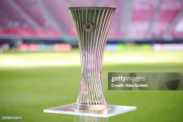 Detailed view of the UEFA Conference League trophy on the plinth prior to the UEFA Conference League Final 2026 match between Crystal Palace FC and...