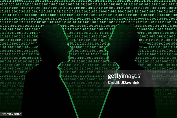 conspiracy theory concept two men in black detectives standing in front of green binary code hacker background with zero and 1 numbers - central intelligence agency stock illustrations