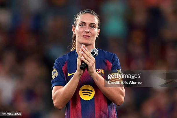 Alexia Putellas of FC Barcelona reacts as she speaks to the fans following the Liga F match between FC Barcelona Femení and Real Sociedad Femenino at...