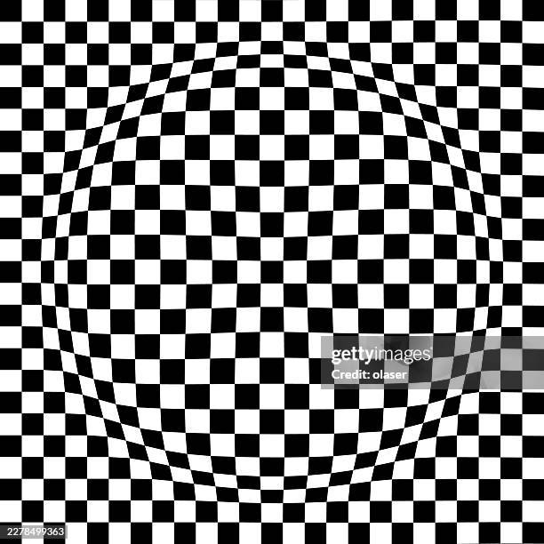 black and white checkerboard pattern warped into a rounded spherical distortion, creating a strong optical illusion with high contrast and rhythmic geometric repetition. - special effects stock illustrations