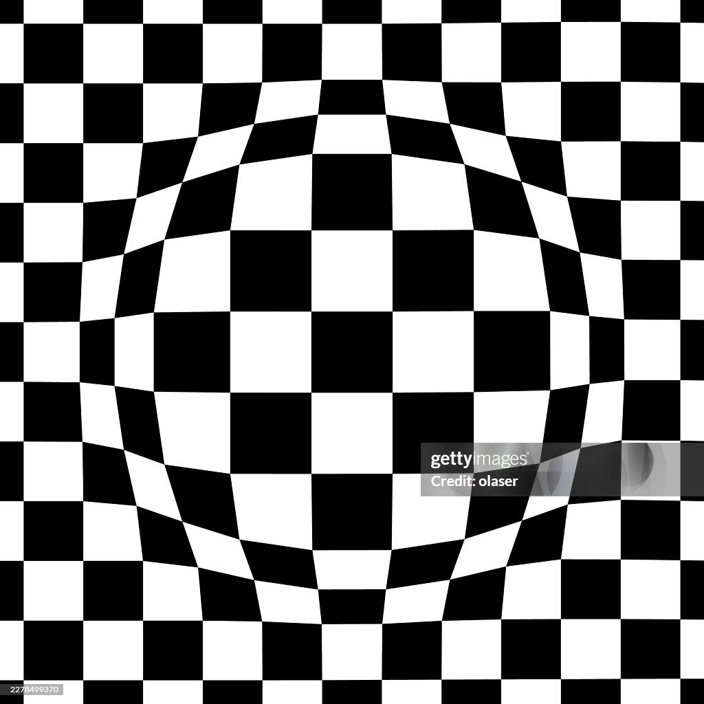 Black and white checkered pattern warped into a rounded, bulging center, creating a strong optical illusion with high contrast and geometric distortion.