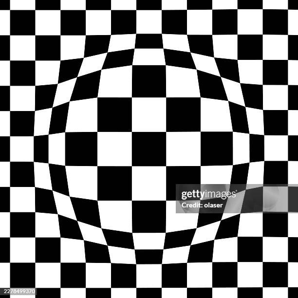 black and white checkered pattern warped into a rounded, bulging center, creating a strong optical illusion with high contrast and geometric distortion. - square root stock illustrations