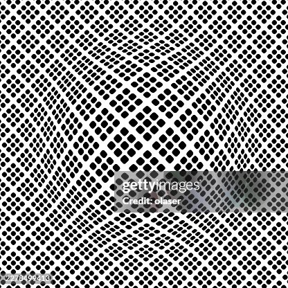 Black oval dots form a dense repeating pattern across a white background, creating a warped mesh-like surface with a rippling sense of depth and motion. Black oval dots form a dense repeating pattern across a white background, creating a warped mesh-like surface with a rippling sense of depth and motion.