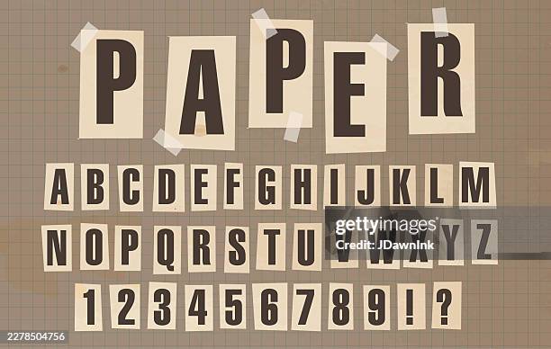 alphabet font set vintage old fashioned ripped lined paper note pieces with adhesive tape layout includes - bribing stock illustrations