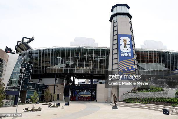 General view of the preparations around Gillette Stadium as the signage is transitioned to become Boston Stadium ahead of the FIFA World Cup 2026 May...