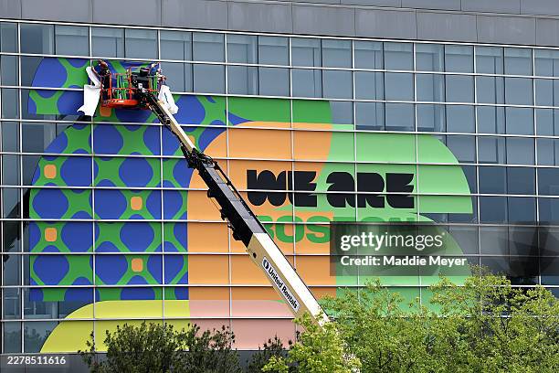 General view of the preparations around Gillette Stadium as the signage is transitioned to become Boston Stadium ahead of the FIFA World Cup 2026 May...