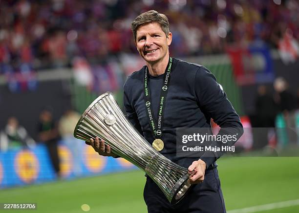 Oliver Glasner, Manager of Crystal Palace, celebrates with the UEFA Conference League Trophy after the team's victory in the UEFA Conference League...