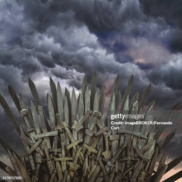fantasy, royal throne made of iron swords, seat of the king, symbol of power and reign - throne stock pictures, royalty-free photos & images