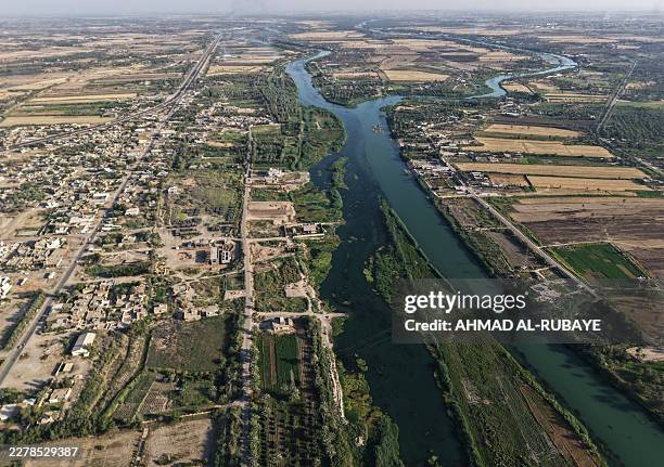 An aerial photograph shows the Euphrates River in the Al-Kifl district of Iraq's central Babylon province on May 31, 2026.