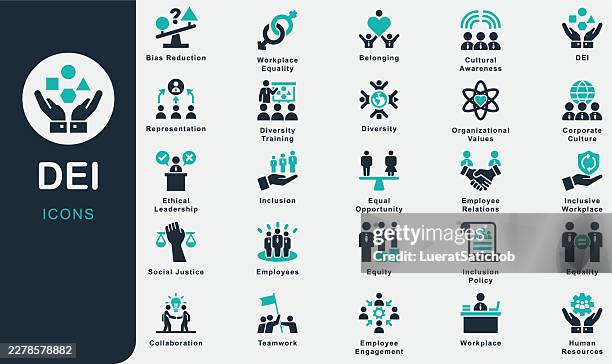 dei solid icons collection.containing diversity, equity, inclusion, employees, workplace, equality, inclusion policy, diversity training, corporate culture, belonging, human resources, teamwork, work - employee development stock illustrations