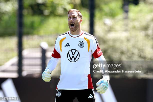 Oliver Baumann, keeper of Germany reacts during a team Germany training session at Homeground on May 28, 2026 in Herzogenaurach, Germany. Germany are...