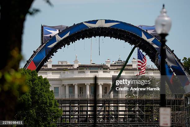Construction continues on a venue for the upcoming UFC match on the South Lawn of the White House on June 1, 2026 in Washington, DC. President Donald...