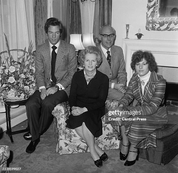 British politician Margaret Thatcher, Conservative Party leader, her husband, British businessman Denis Thatcher, and their children, British...
