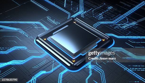 advanced central processing unit on glowing circuit board - processor chip stock pictures, royalty-free photos & images