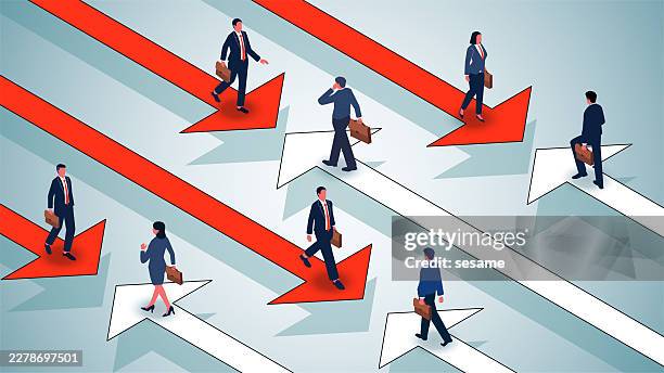 the direction of progress and conflict, differing ideas or decisions, and team conflict. a group of arrows pointing in different directions in an isometric view, along with a businessman - arrow down isometric stock illustrations