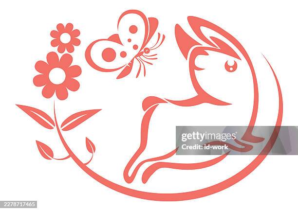rabbit running with butterfly - running looking back stock illustrations